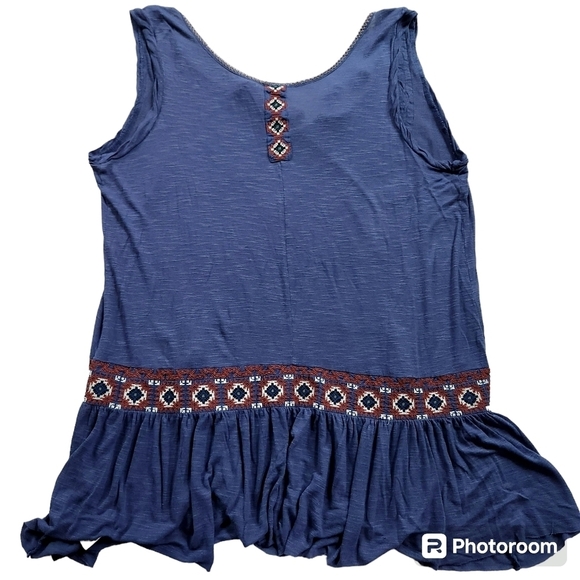 Free People Moonlight Mile Blue Aztec Embroidered Tassel Tunic Top sz L - Picture 5 of 7